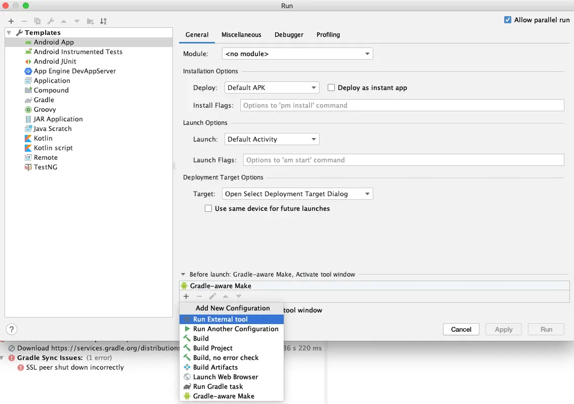 android studio - edit run configuration - select android app - general tab - before launch - run external tool