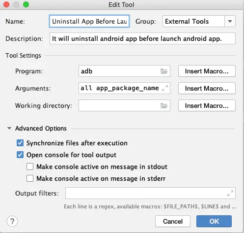 android studio - run configuration - before launch - edit external tool