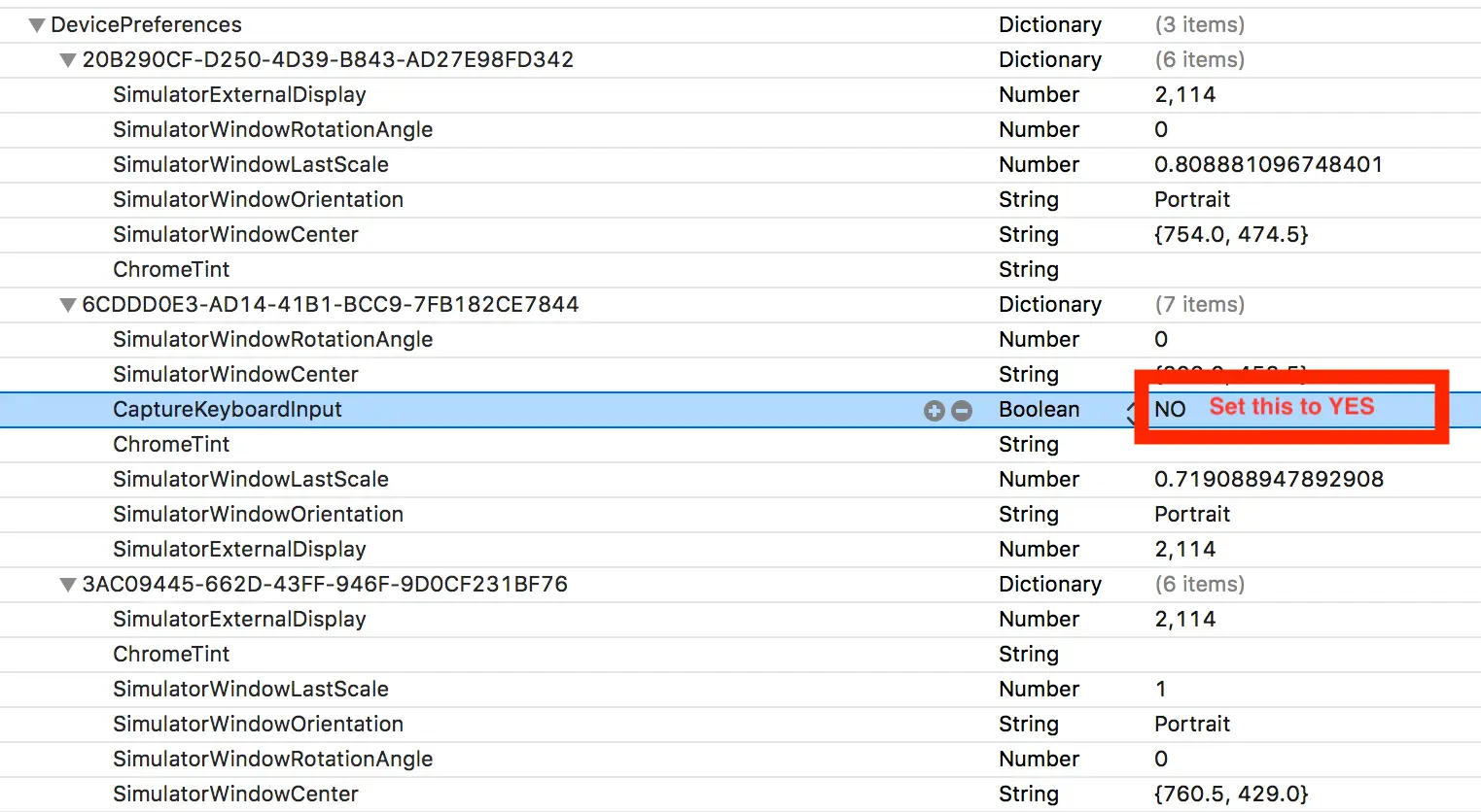 change ios simulator capturekeyboardinput value to yes