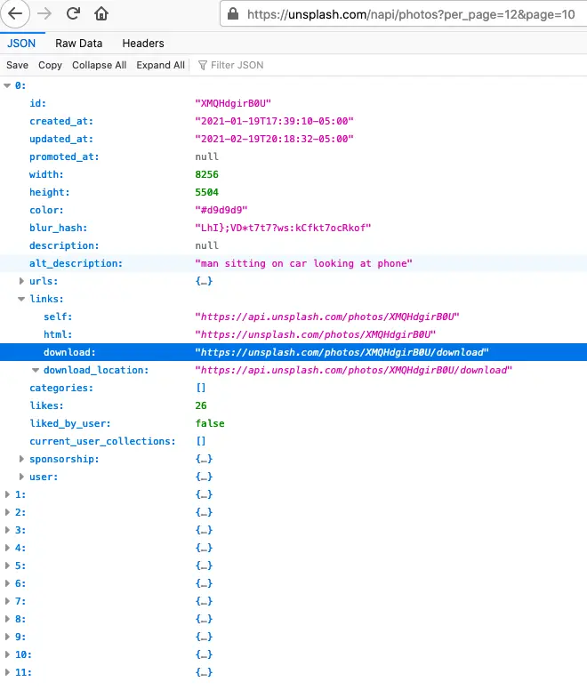 firefox json viewer shows a web url returned json text