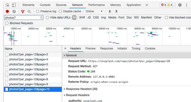 get javascript dynamically loaded pagination url in google chrome inspector