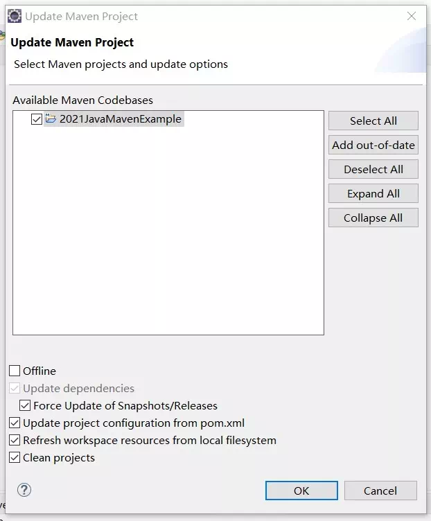 eclipse maven update project dialog