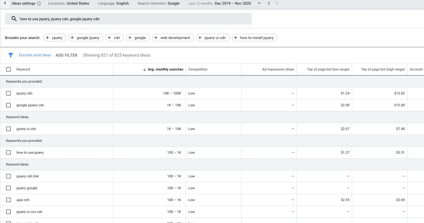 get search keywords search result in google adwords
